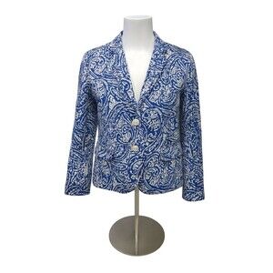 Talbots Paisley Print Blazer Jacket Women’s 14P White Blue Cotton Summer Classic